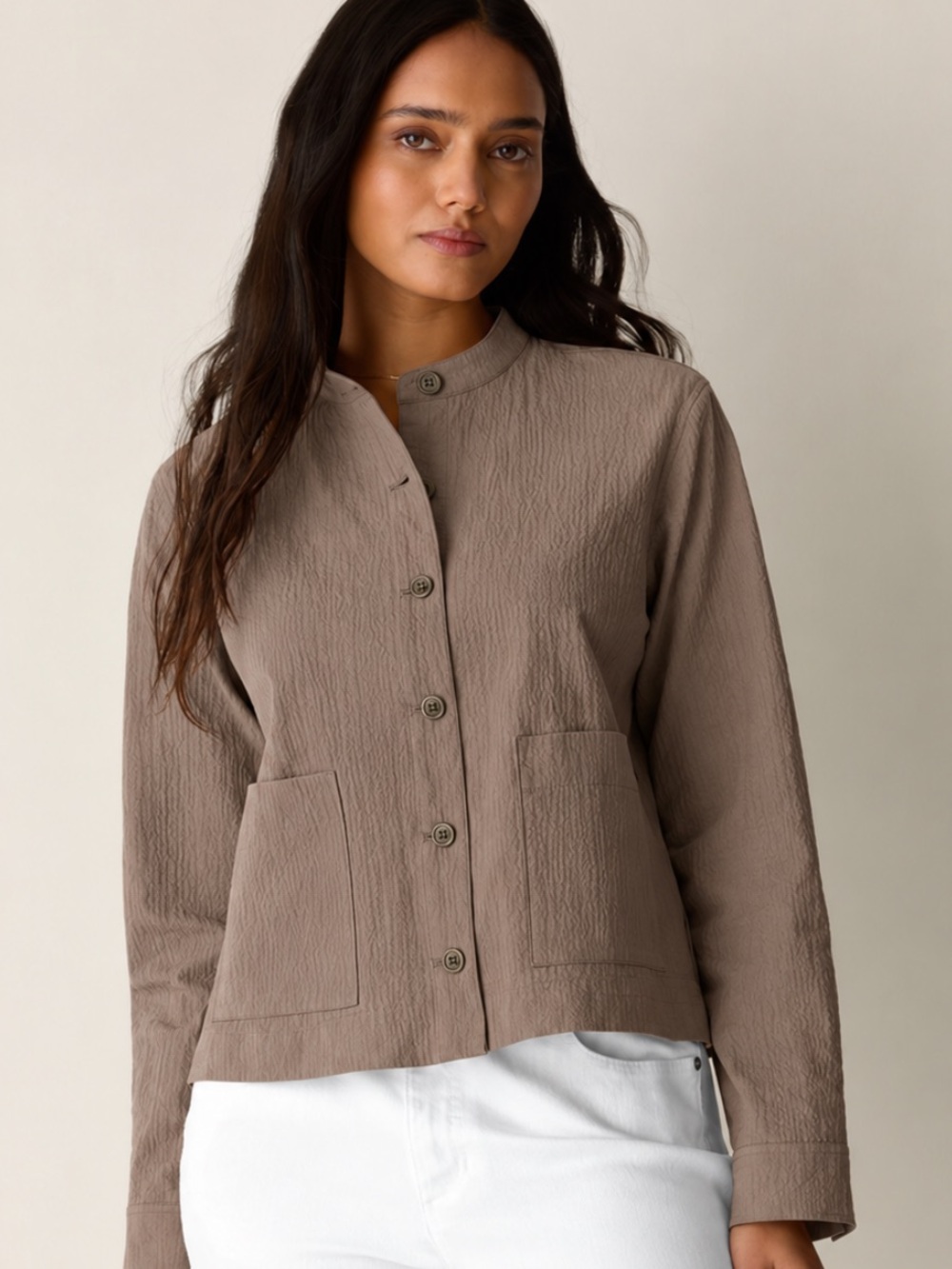 Eileen Fisher Organic Cotton Pucker Shirt Jacket in Walnut